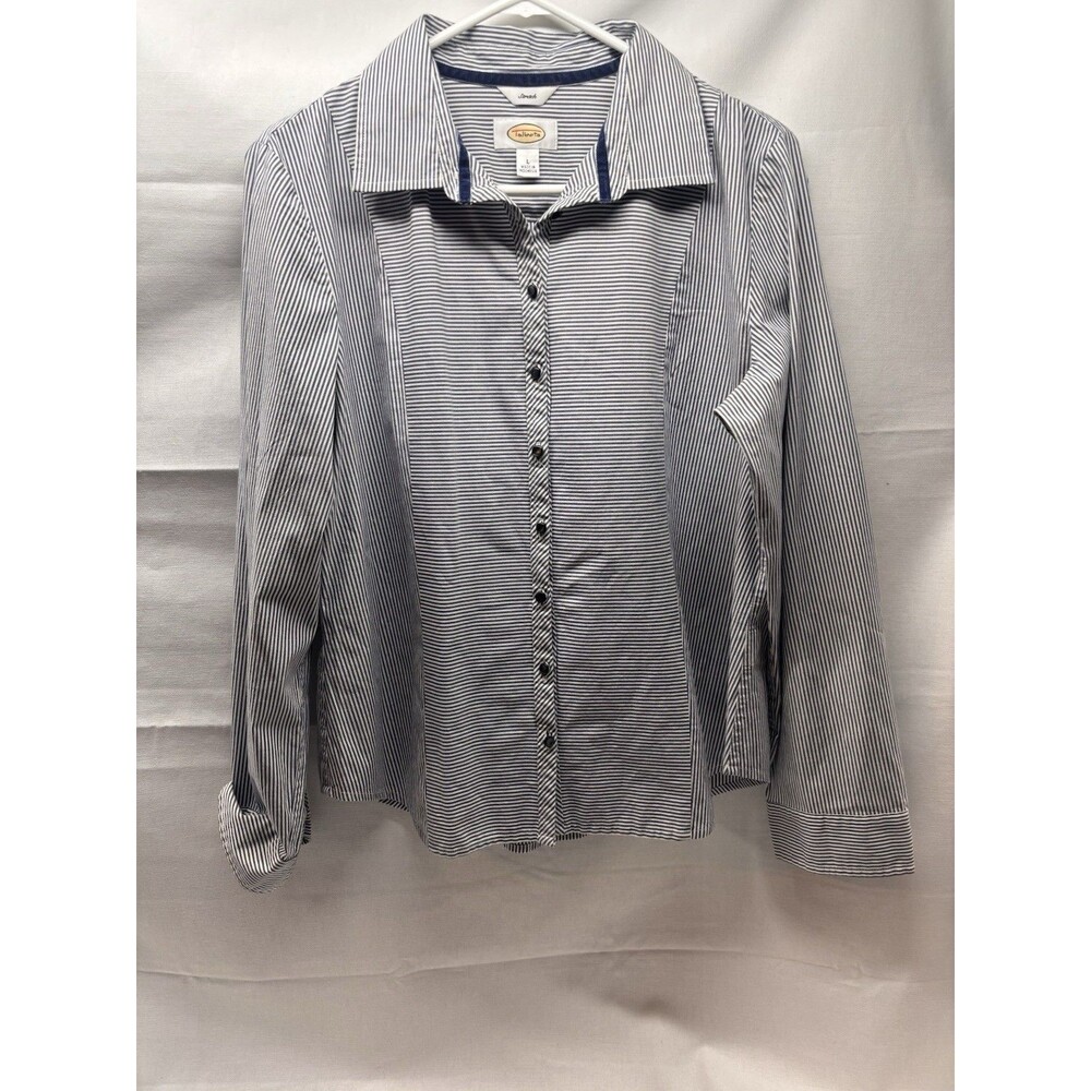 Talbots Women’s Blue White Striped Button Front Stretch Shirt Size Large